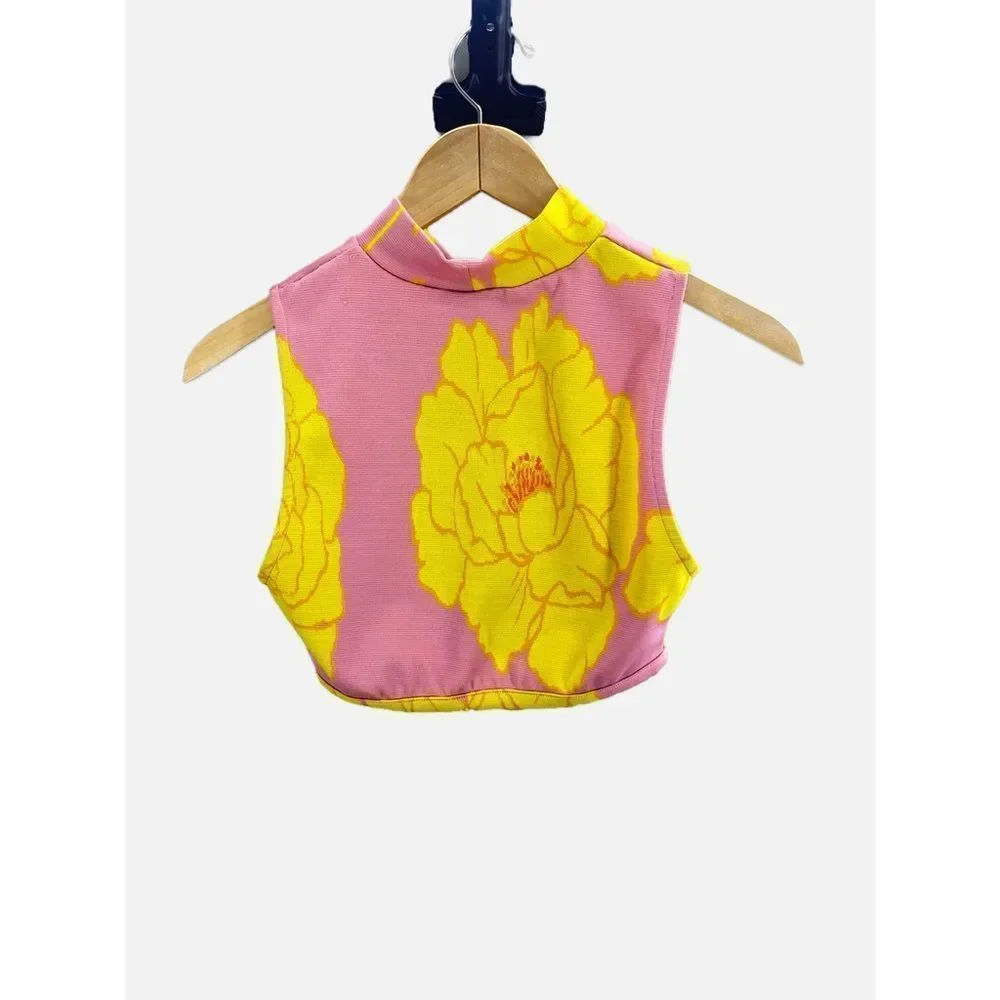 Zara Pink Yellow Floral Mock Neck Crop Top Sleeveless Size Small - Picture 3 of 4